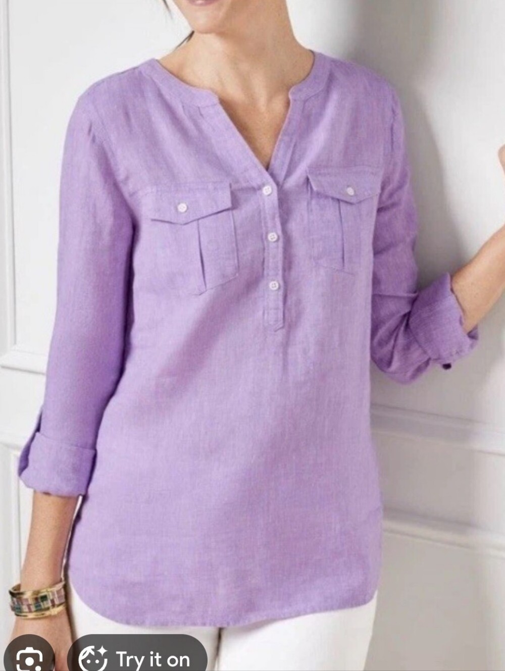 NWT 100% Linen Talbots Lavender Popover Tunic Top Womens Size Large